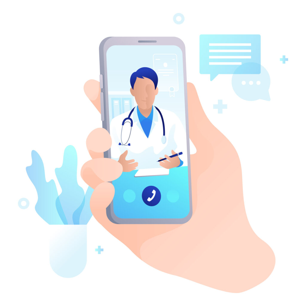 Abstract illustration of smartphone in hand. Telemedicine. Online doctor consultation